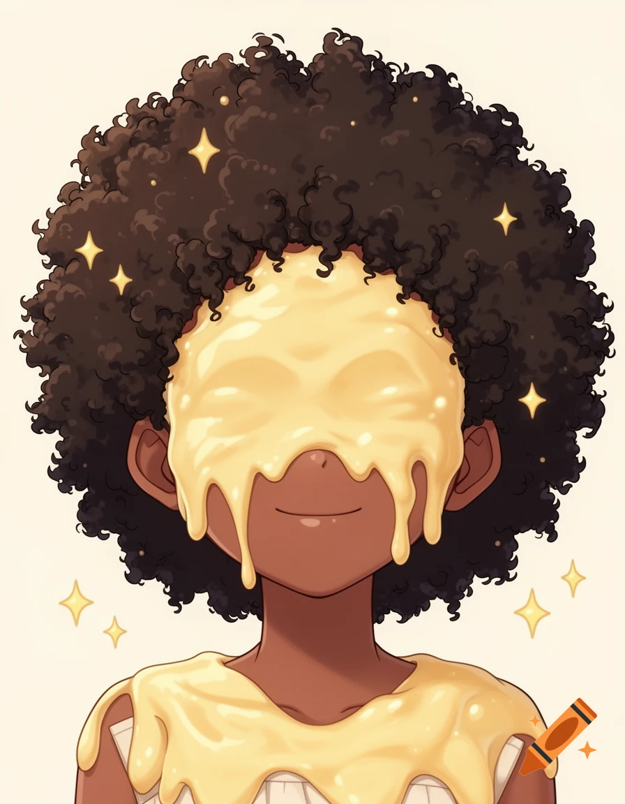 Anime style portrait of a black girl with an afro, her face covered in dripping yellow custard, obscuring her eyes but revealing a gentle smile.