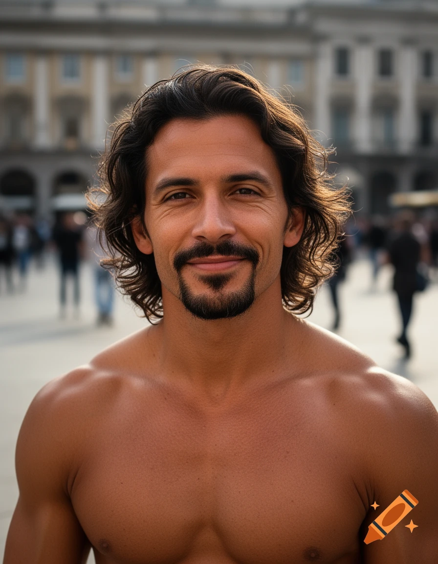 Photorealistic portrait of a smiling tanned man with a goatee and dark wavy hair, outdoors.