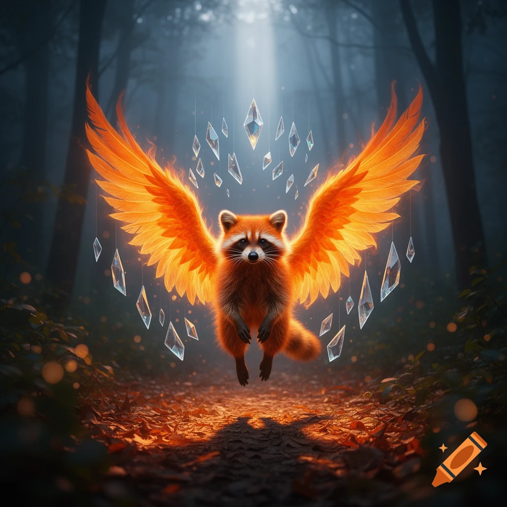 An orange raccoon with glowing orange wings hovers in a dark forest, surrounded by floating crystal shards, under a ray of light.