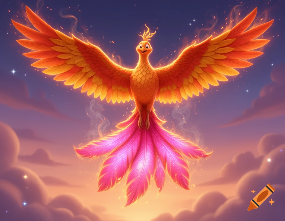 A vibrant, happy Pixar-style phoenix with orange and yellow wings and a pink tail flying amidst clouds at sunset, surrounded by fiery embers.