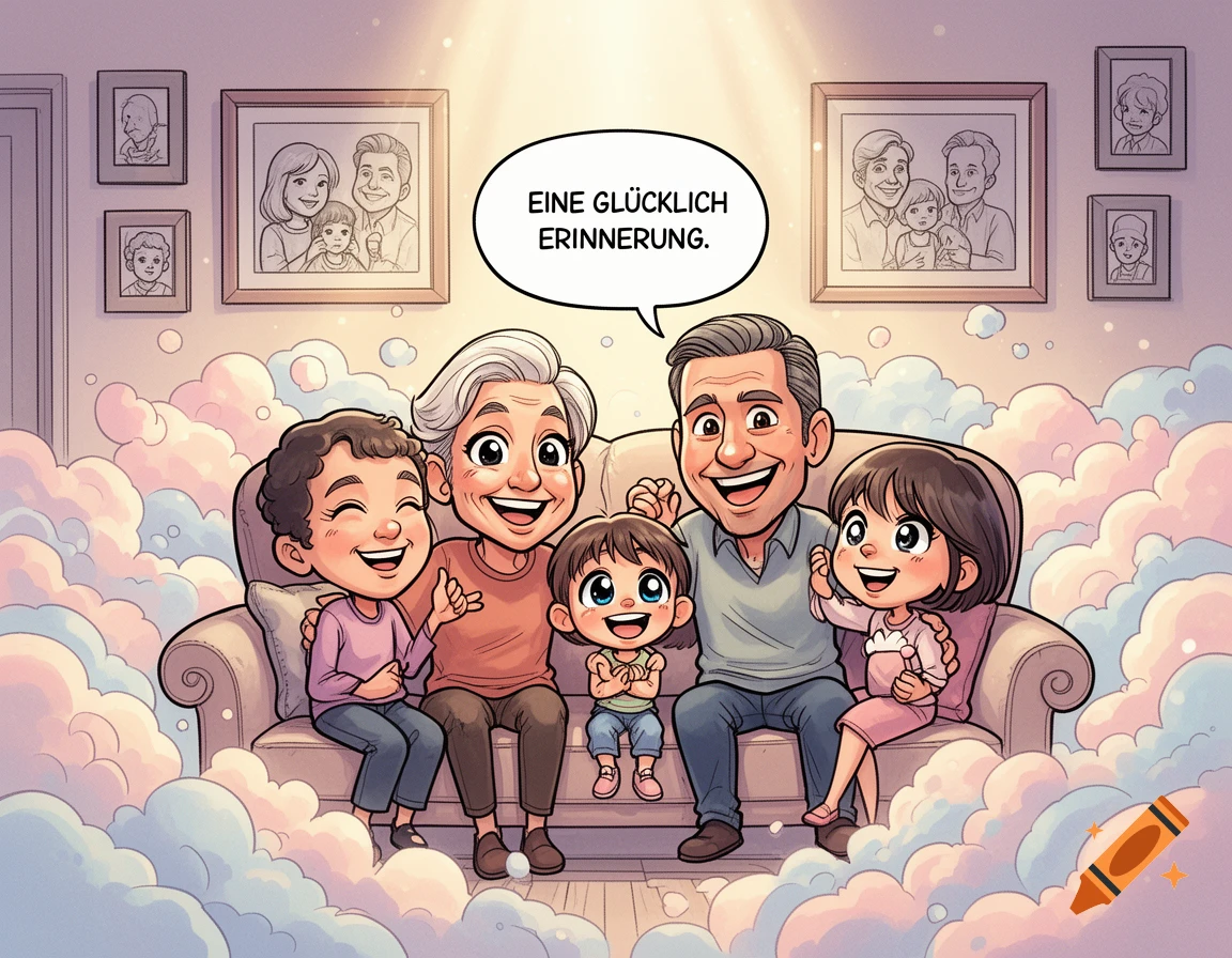 A cartoon family with grandparents, parents, and two children happily sitting on a sofa surrounded by clouds. A speech bubble above them reads "A HAPPY MEMORY".