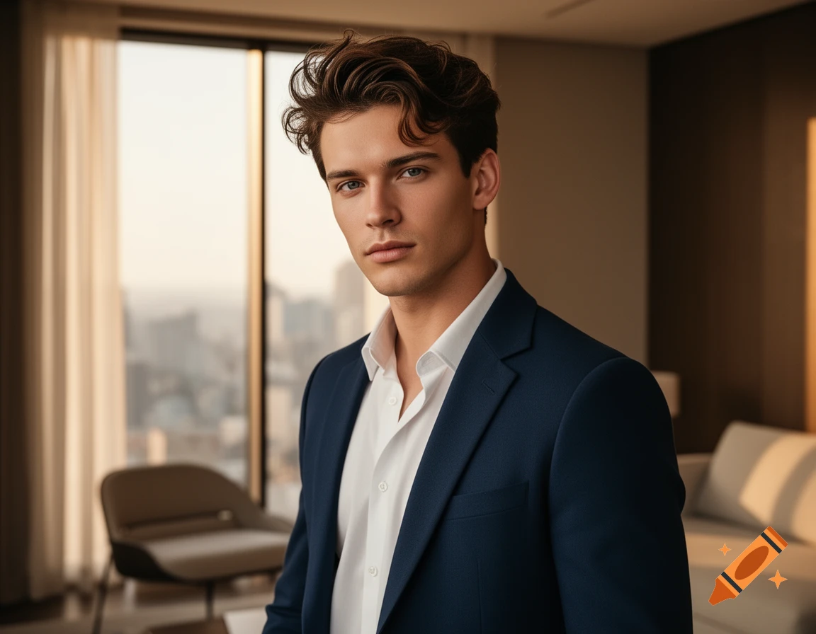 Young man in a navy suit and white shirt looks forward in a modern room with a city view at dusk.