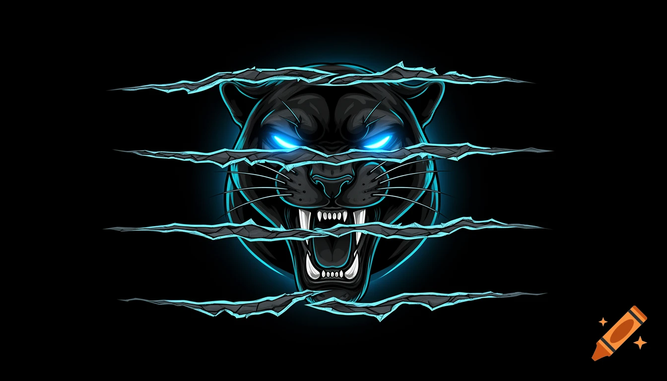 A snarling black panther with glowing blue eyes and bared fangs tears through a dark background in a neon vector art style.