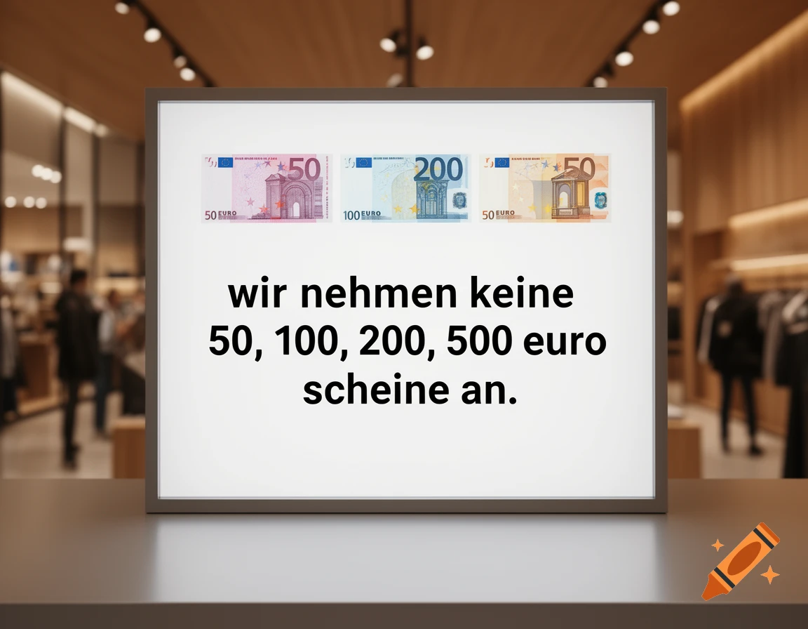 A white sign in a blurred retail store environment displays euro banknotes and a German message about not accepting 50, 100, 200, or 500 euro notes.