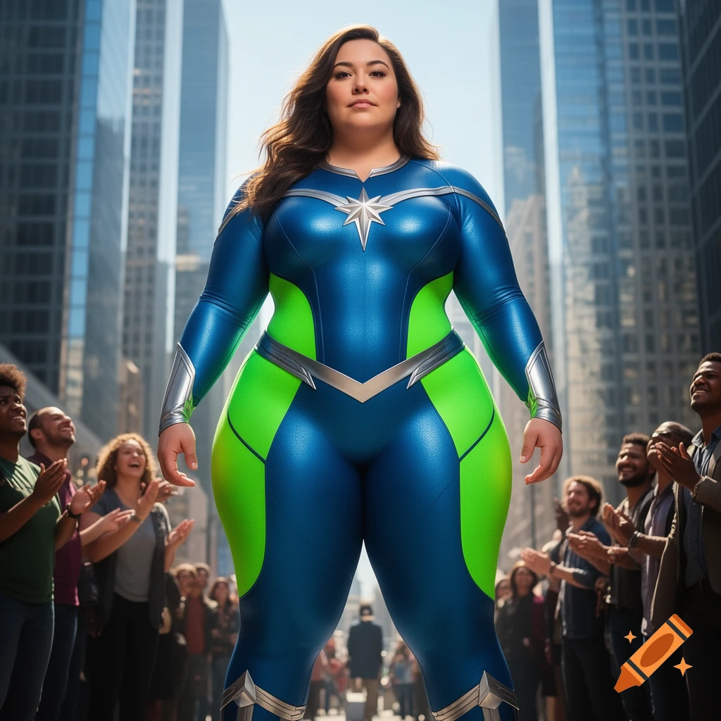 A confident plus-size female superhero in a blue and neon green suit with a star emblem stands in a city, photorealistic.