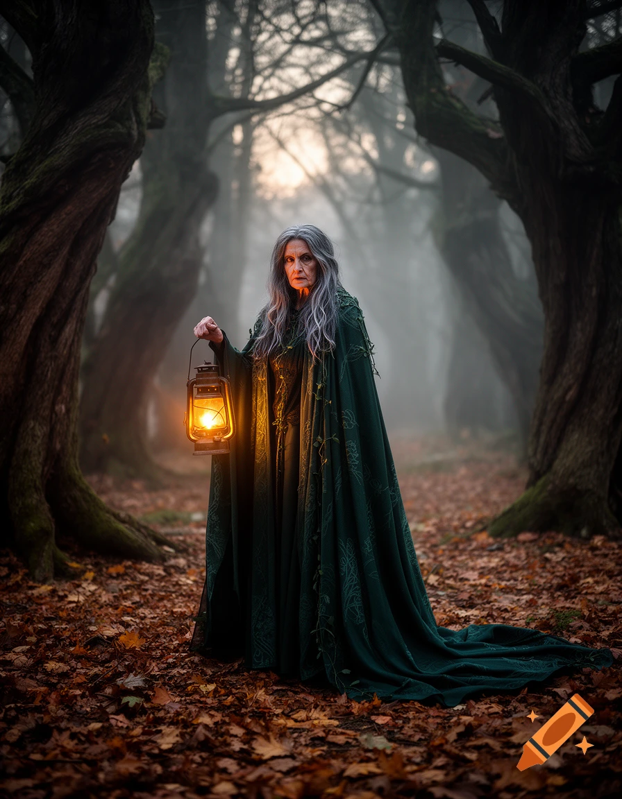 An old witch in a dark green cloak holds a glowing lantern in a misty, autumn forest.