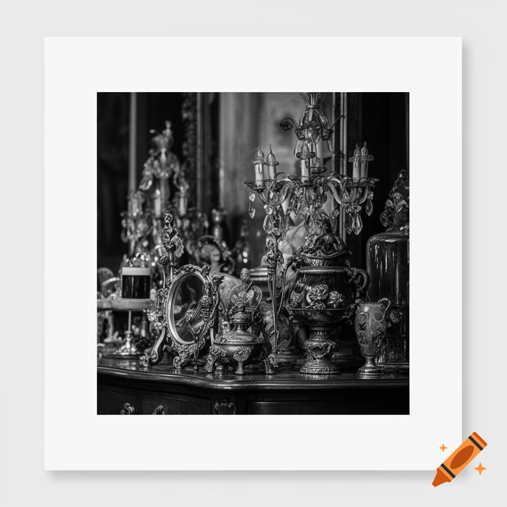 A collection of ornate antique silver decorative items, including a candelabra and a mirror, on a dark wooden surface, in black and white.