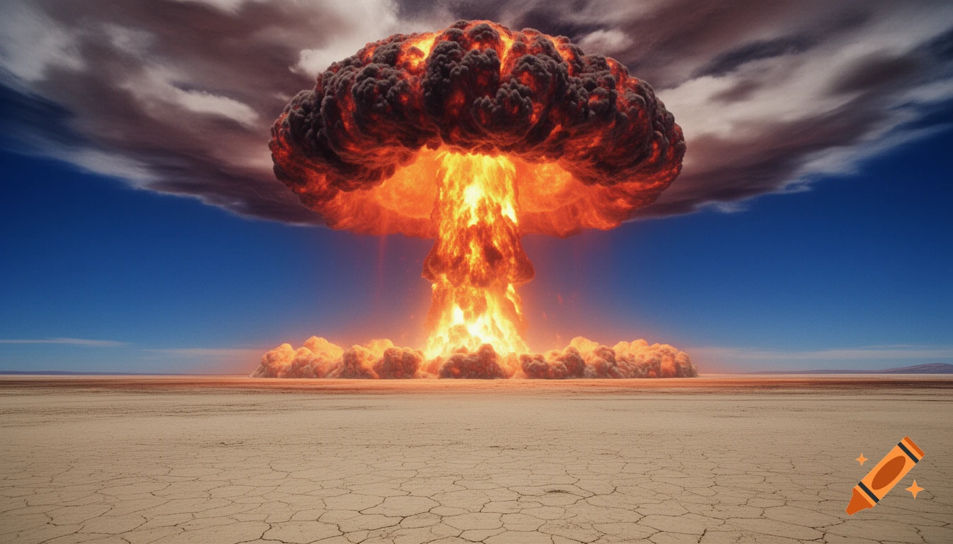 A gigantic, fiery nuclear mushroom cloud dominates a barren desert landscape under a dramatic, cloudy sky.