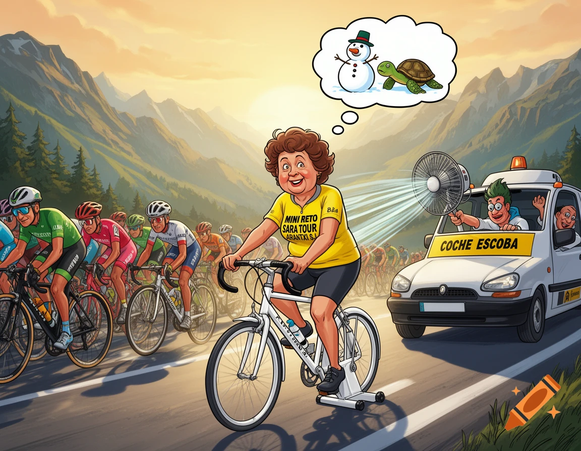 Humorous cartoon of an older woman on a stationary bike in a mountain cycling race, fanned by a broom wagon with a peloton in the background. She thinks of a snowman and turtle.