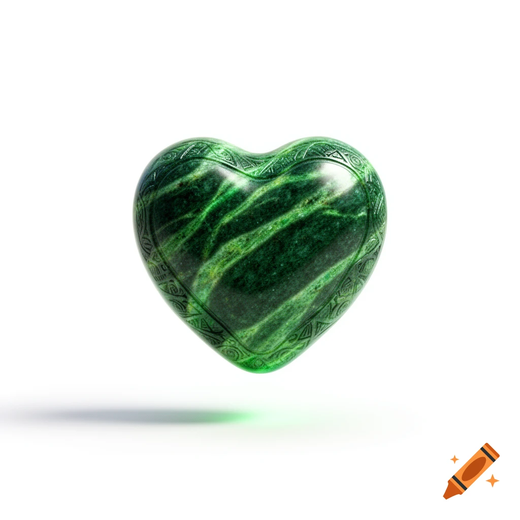 A realistic, shiny green jade heart with carved patterns, floating on a white background.