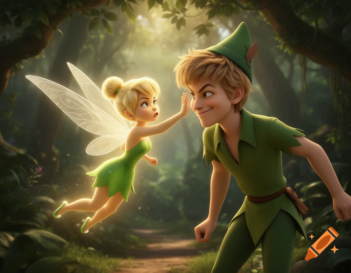 Animated Tinkerbell, a small fairy, flies while playfully touching Peter Pan's cheek in a vibrant forest.