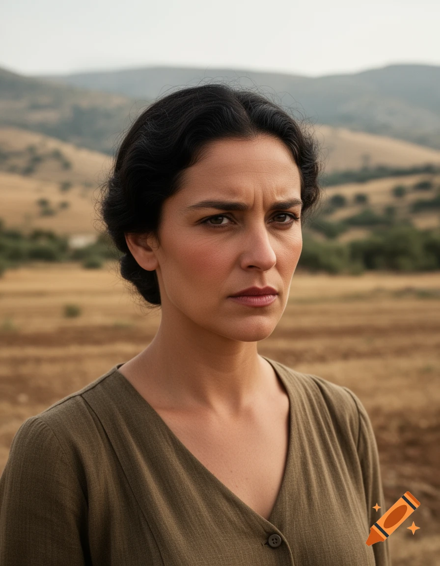 A serious woman with dark wavy hair, dressed in olive-green, stands in a rural, hilly landscape.
