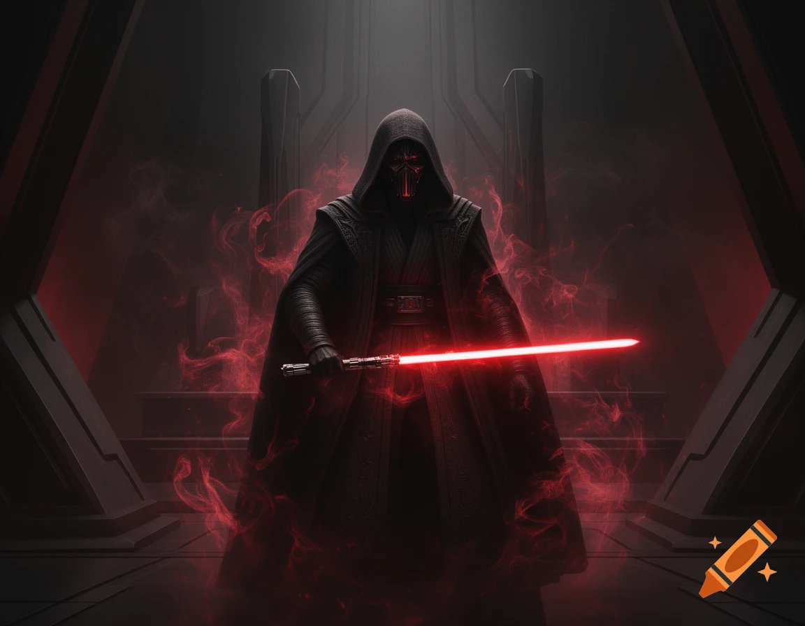 A dark, hooded Sith Lord with a masked face stands in an ominous chamber, holding a glowing red lightsaber amidst swirling red smoke.