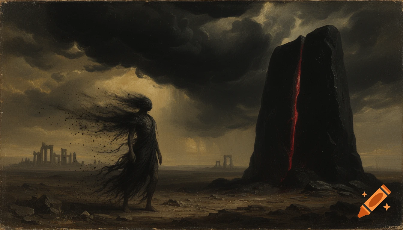 An apocalyptic oil painting of a disintegrating figure facing a black monolith with a red glowing fissure under dark clouds, with ruins in the distance.