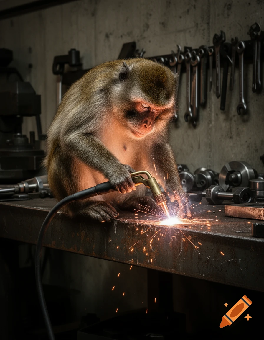 A monkey sits at a workbench, meticulously welding metal with bright sparks flying in a workshop setting.