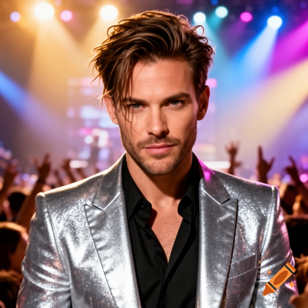 A man in a shiny silver jacket and black shirt looks ahead, illuminated by vibrant stage lights at a concert with a blurred audience.