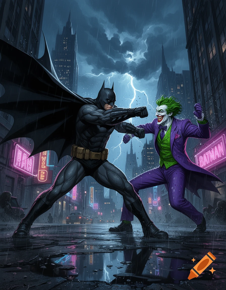 Batman and Joker fighting in a rainy city street at night, with lightning flashing and neon signs in the background, comic book style.