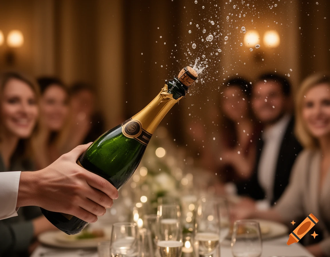A hand pops a champagne bottle, spraying foam, at a celebratory dinner with blurred smiling people in the background.