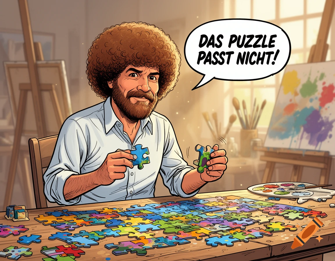 Comic Bob Ross in an art studio, sitting at a table with puzzle pieces, holding two, with a speech bubble that reads "DAS PUZZLE PASST NICHT!"