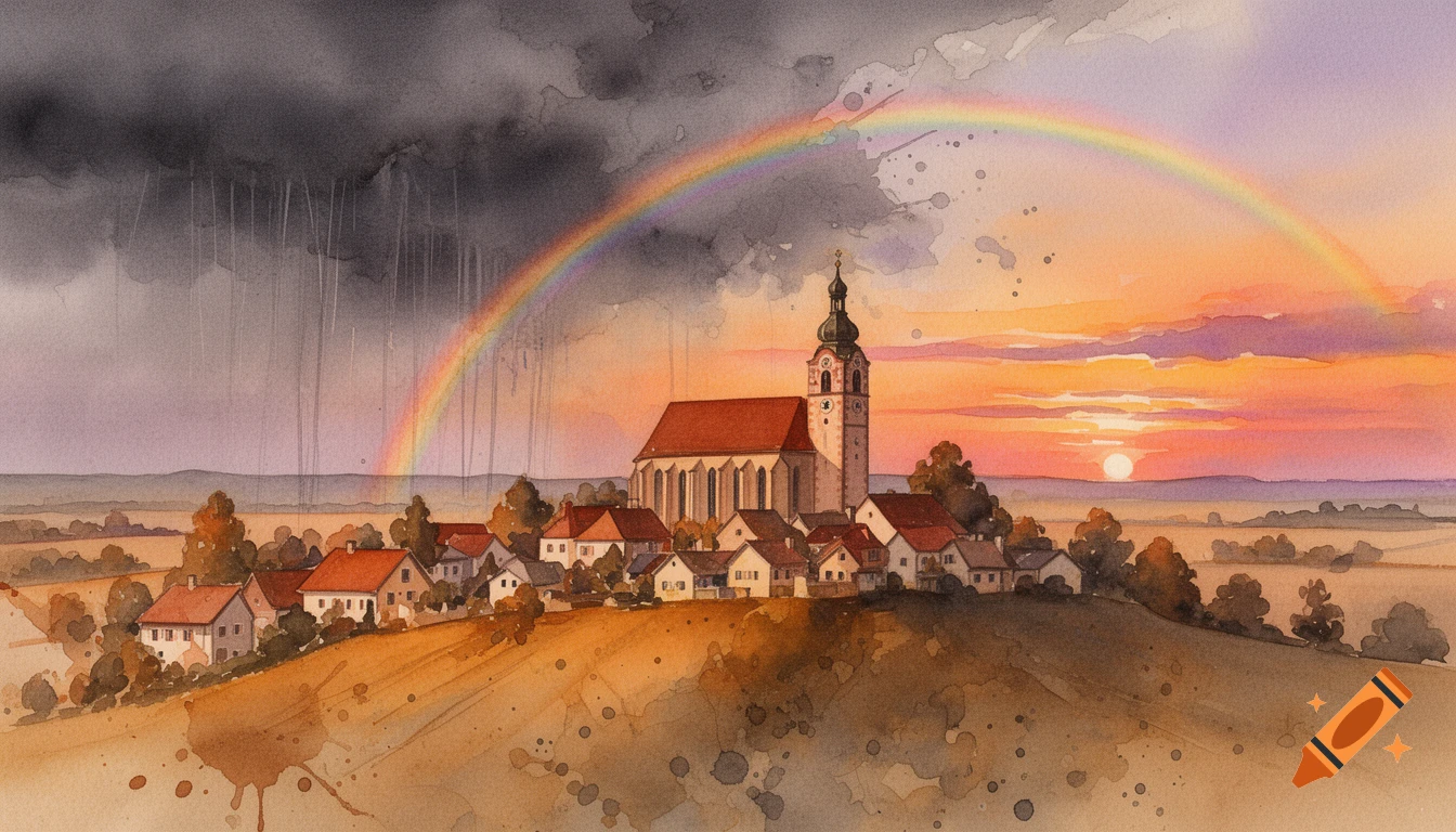Watercolor painting of a European village with a prominent church tower, bathed in sunset light, under a sky with a rainbow and rain.