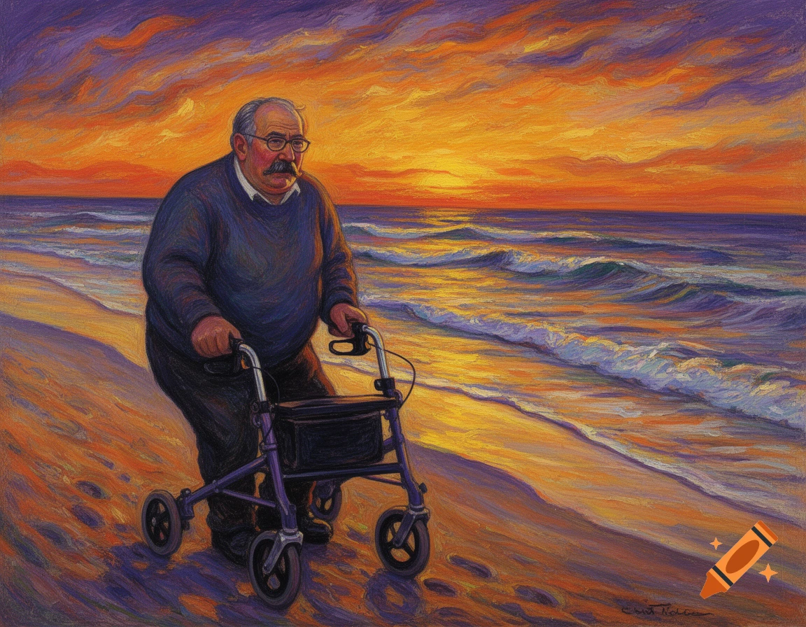 A vibrant painting of an elderly man with a mustache and glasses pushing a walker on a beach at sunset.