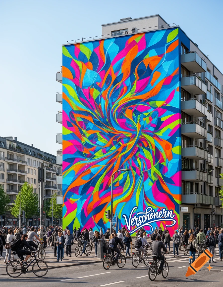 A colorful abstract mural covers the side of a tall building in a bustling city street with people and cyclists.