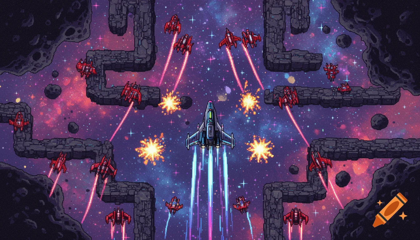 A pixel art top-down space shooter game with a blue player ship firing at many red enemy ships in a vibrant galaxy.