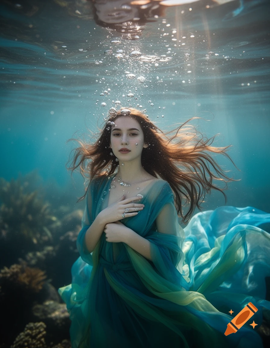 A young woman with long flowing hair floats gracefully underwater in a green and blue dress, surrounded by bubbles and coral.
