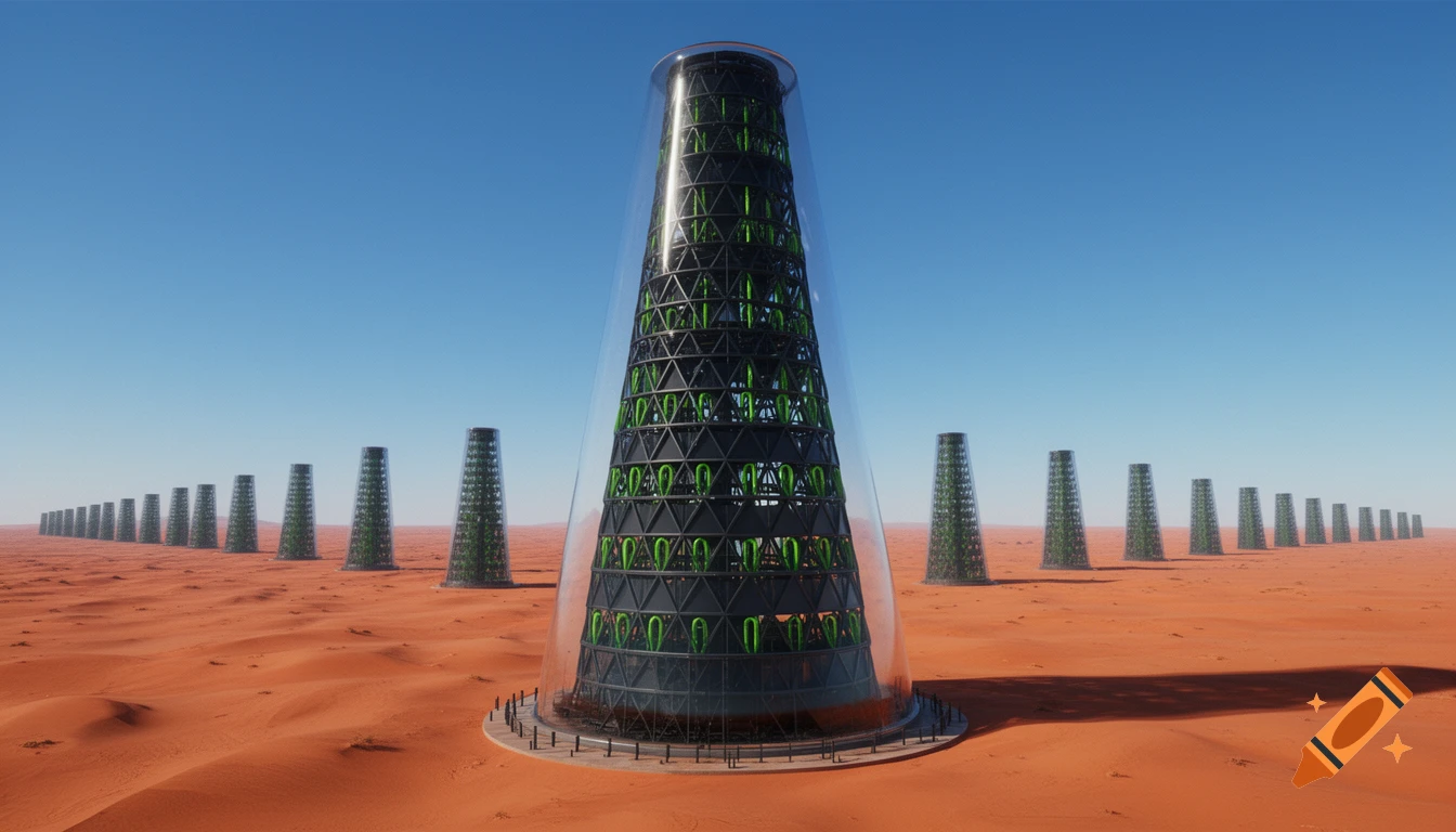 Photorealistic engineering visualization of black conical towers with green algae tubes in a vast red desert under a clear blue sky.