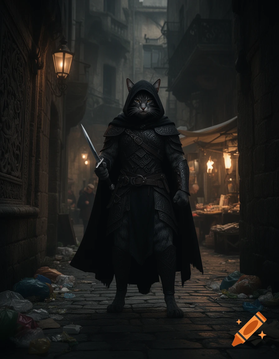A dark fantasy photorealistic image of a cat-humanoid warrior in black armor and cloak, holding a dagger in a dimly lit, trash-strewn alley.