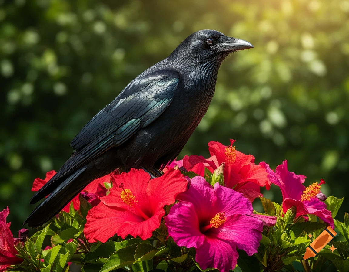 A black crow with iridescent feathers perches on bright red and pink hibiscus flowers under sunlight, with a blurred green background.