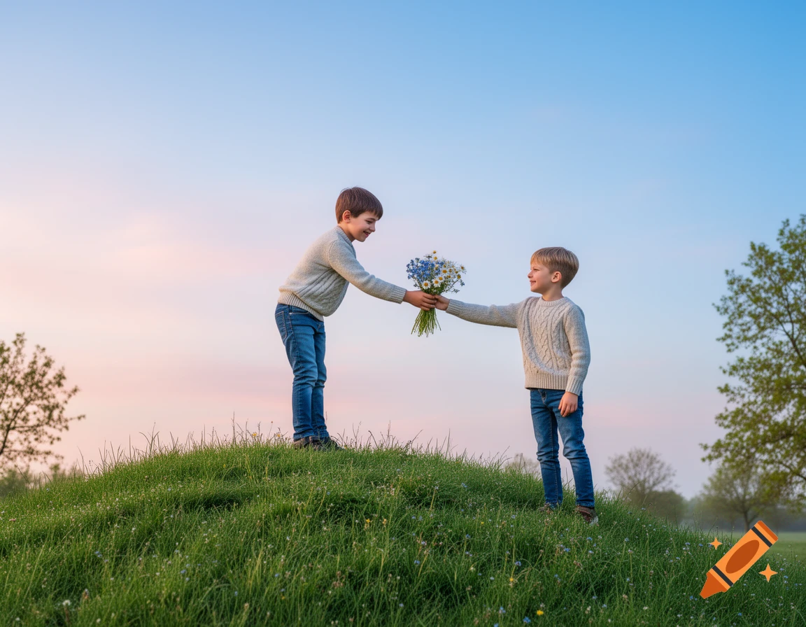 Two young boys exchange a bouquet of wildflowers on a grassy hill under a soft, clear sky.