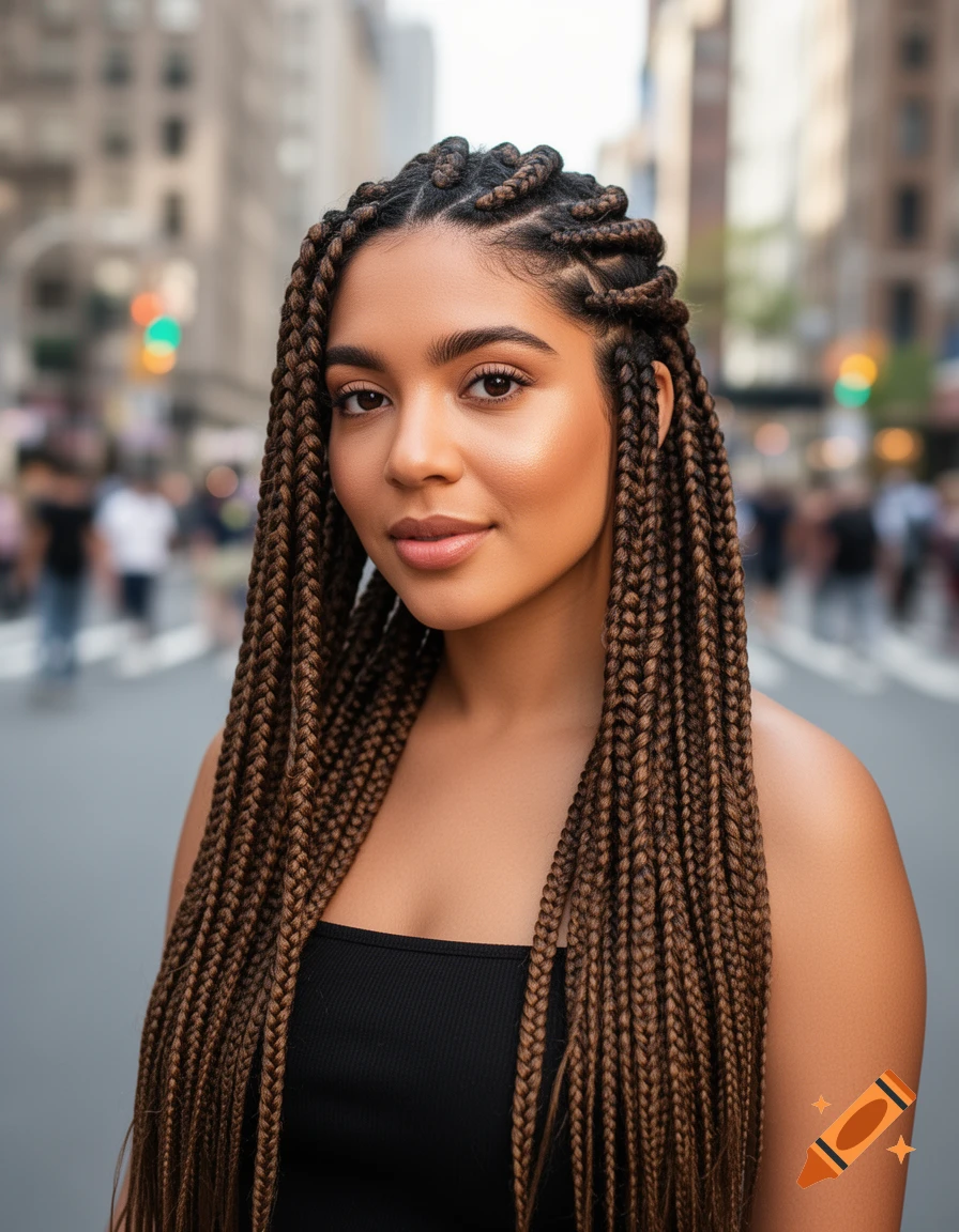 Photorealistic portrait of a young woman with long box braids, wearing a black tank top, smiling slightly on a blurred city street.