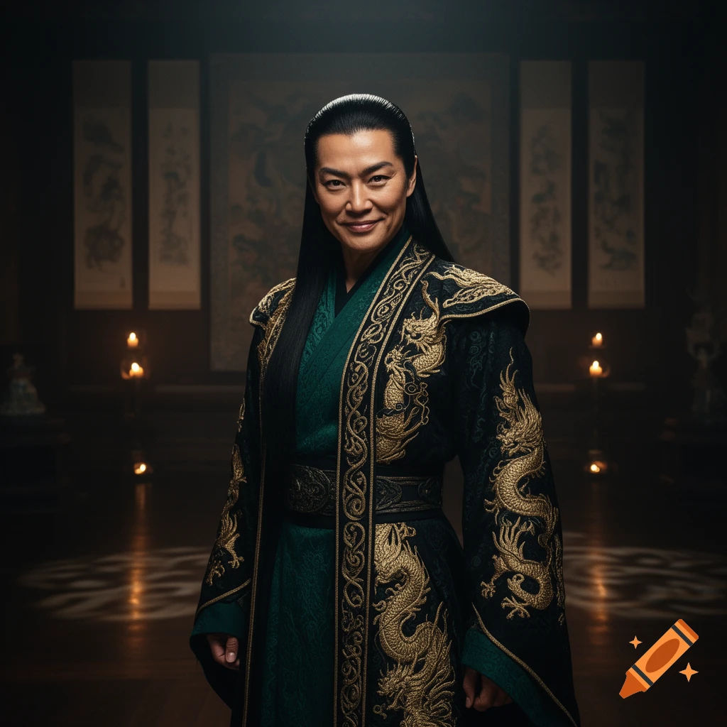 A woman with long dark hair, wearing a dark green and gold dragon-embroidered robe, smiles in a dimly lit, ornately decorated room.