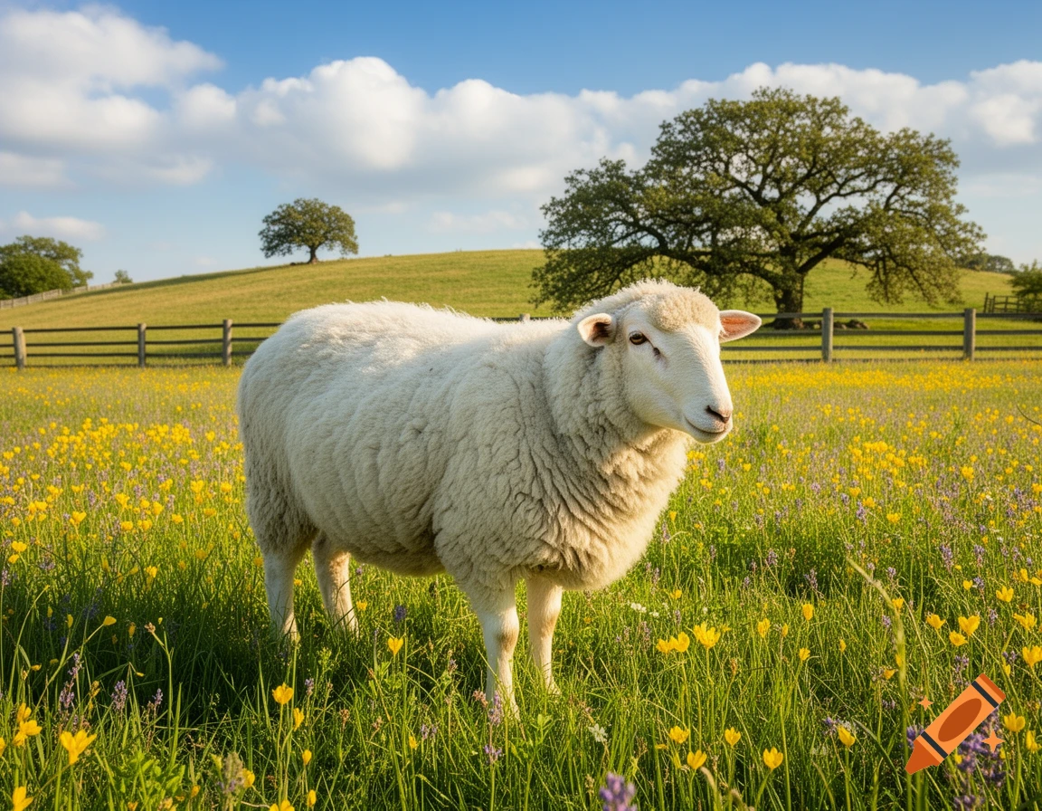 A white sheep with thick wool stands in a vibrant green meadow dotted with yellow wildflowers under a blue sky.