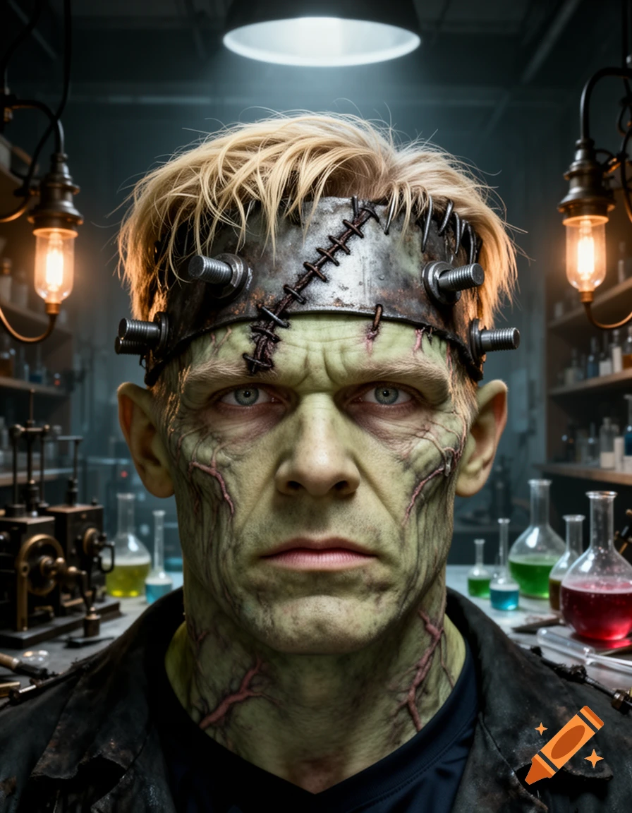 Photorealistic portrait of Frankenstein's monster with blond hair and a modern face in a dimly lit laboratory.