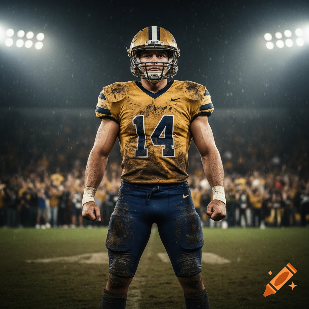 A photorealistic image of a muddy football player in a yellow and blue uniform with number 14, standing on a field under bright stadium lights.