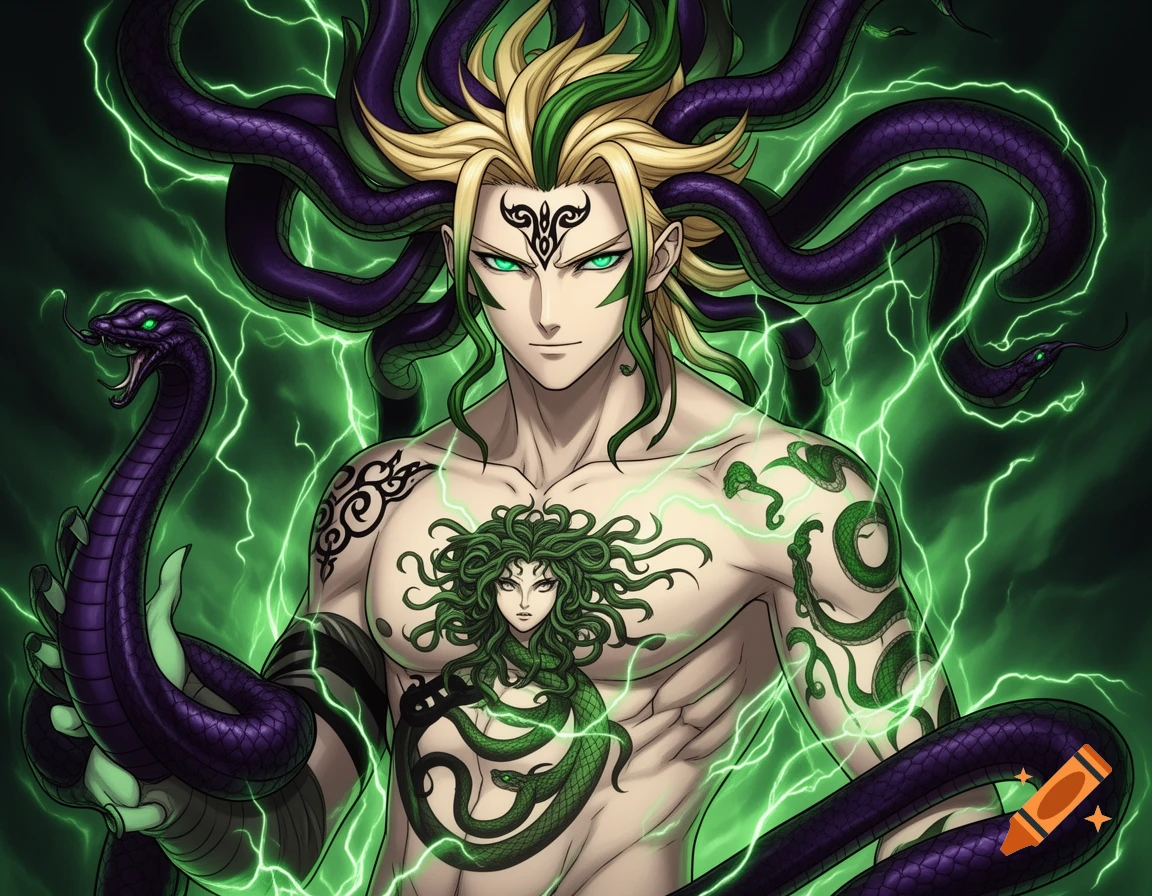 Anime-style male character with blond and green Medusa hair, snake tattoos, purple snakes, and glowing green lightning.