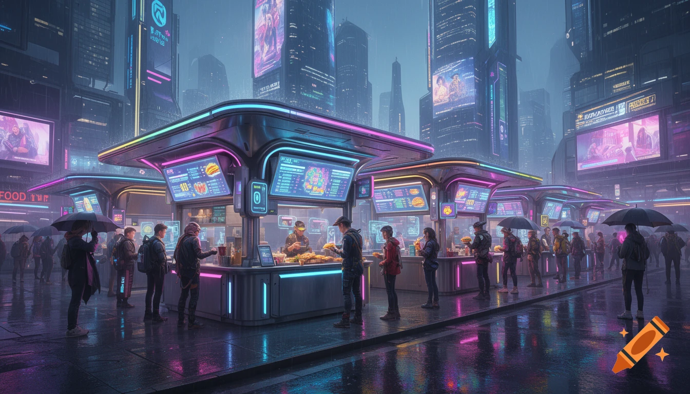 A rainy night in a futuristic cyberpunk city with neon-lit fast food stalls and many people holding umbrellas, reflections on the wet street.