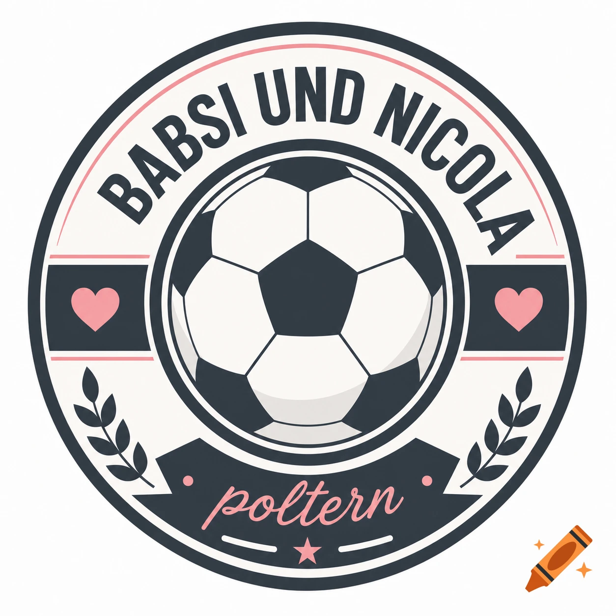 A circular soccer emblem with 'BABSI UND NICOLA' and 'poltern' text, featuring a soccer ball, pink hearts, and olive branches.