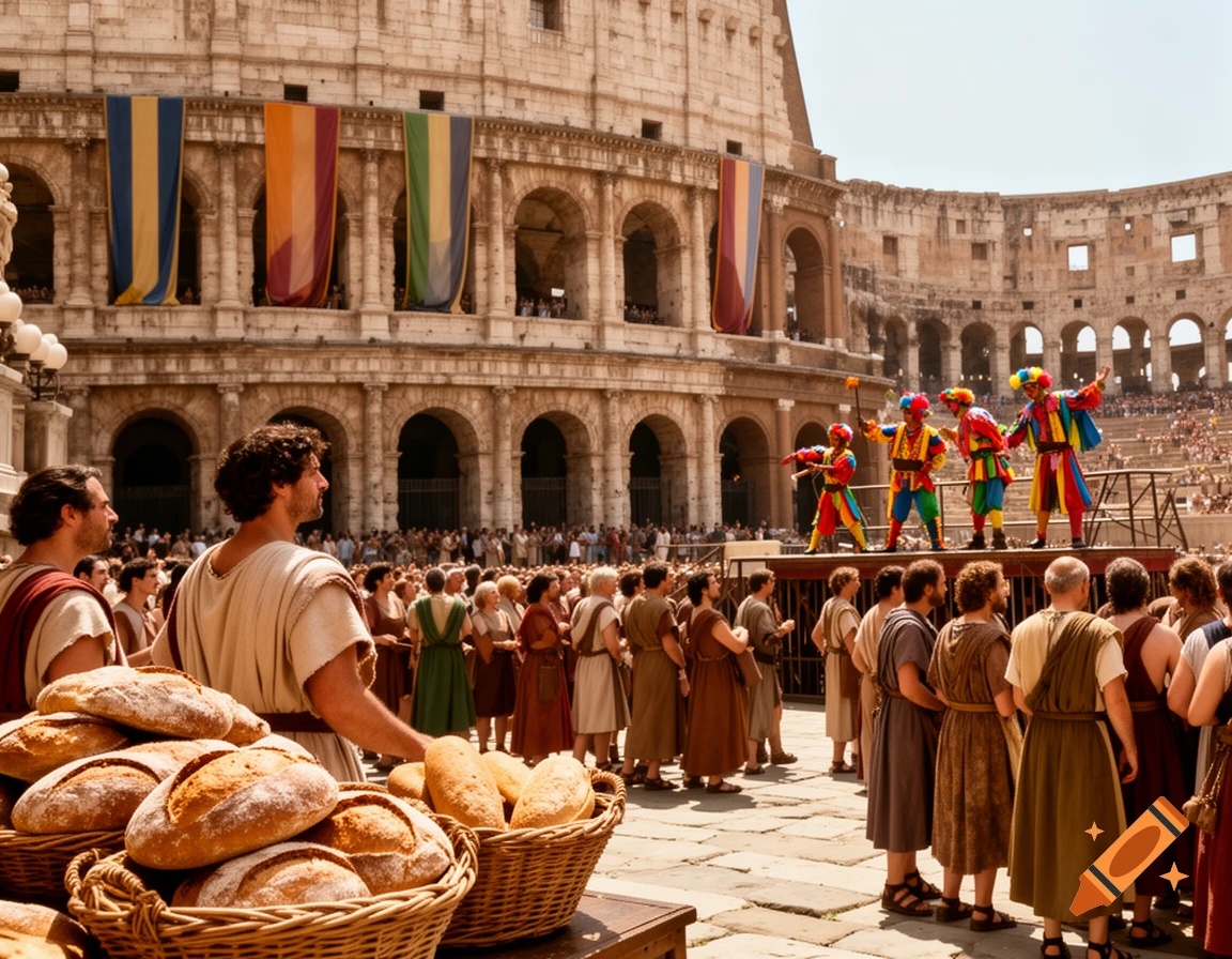 A photorealistic ancient Roman street scene outside the Colosseum with bread baskets, colorful performers on stage, and a crowd.