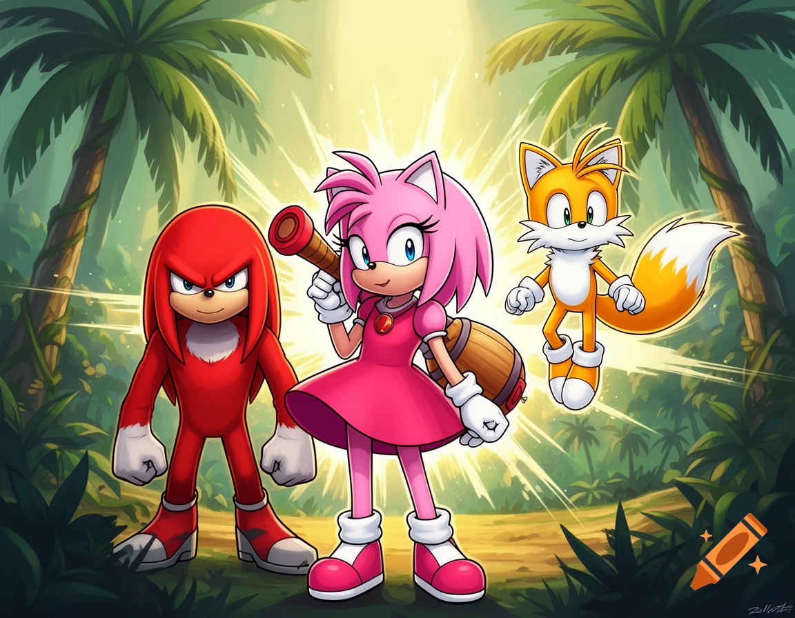 Knuckles, Amy Rose, and Tails from Sonic the Hedgehog stand together in a vibrant jungle with palm trees and glowing light.