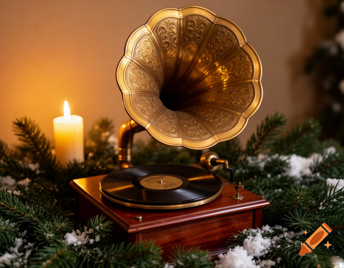 Vintage gramophone with a record and a lit candle, surrounded by snow-dusted pine branches, in a warm, festive setting.