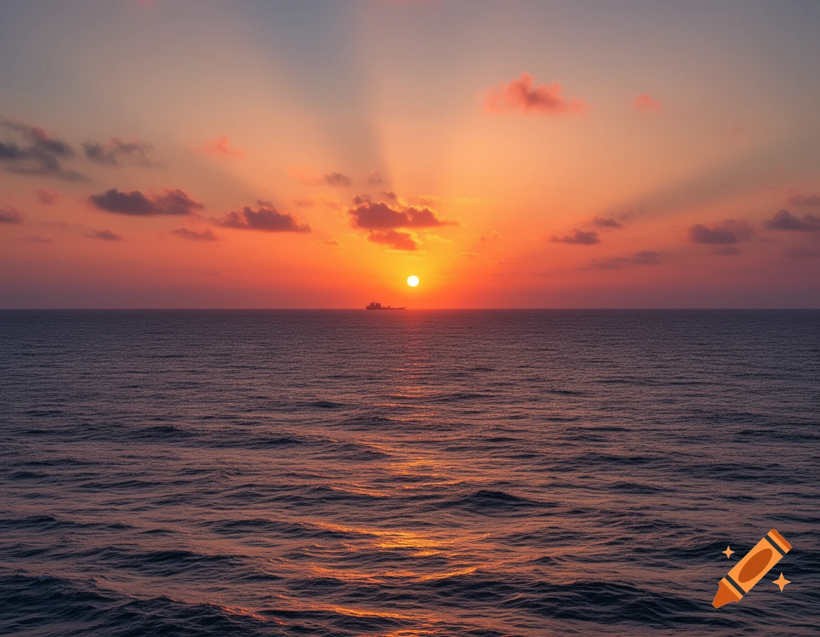 Photorealistic image of a vibrant orange and pink sunset over the ocean, with a distant ship silhouetted against the sun.