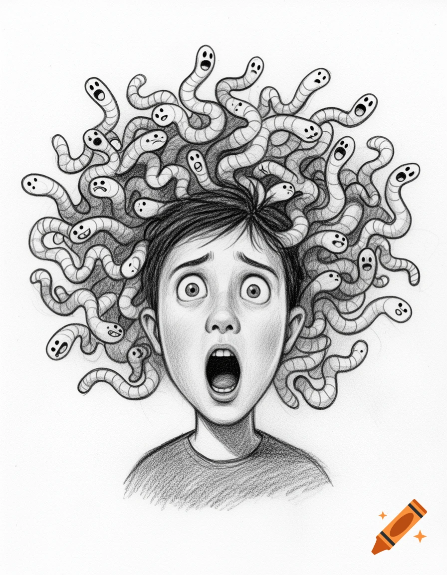 Black and white pencil drawing of a scared boy with worms wiggling in his hair, mouth open in a scream.