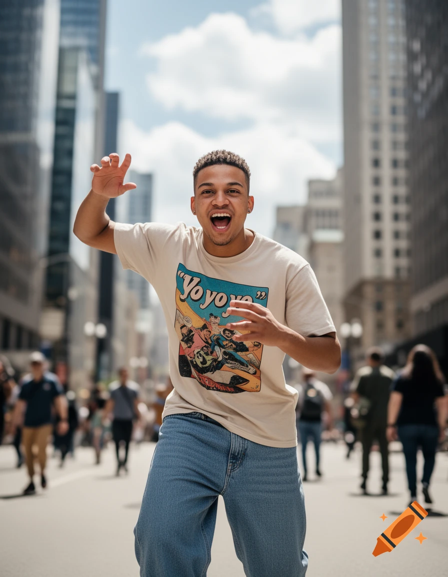 A joyful man in a graphic t-shirt and jeans stands on a city street with buildings and blurred people in the background.