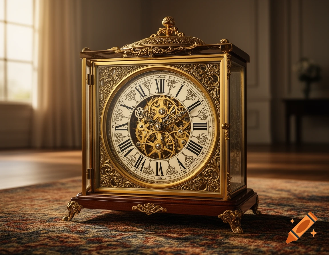 Ornate antique brass and wood mantel clock with exposed gears and Roman numerals, set on a patterned rug in a sunlit room.