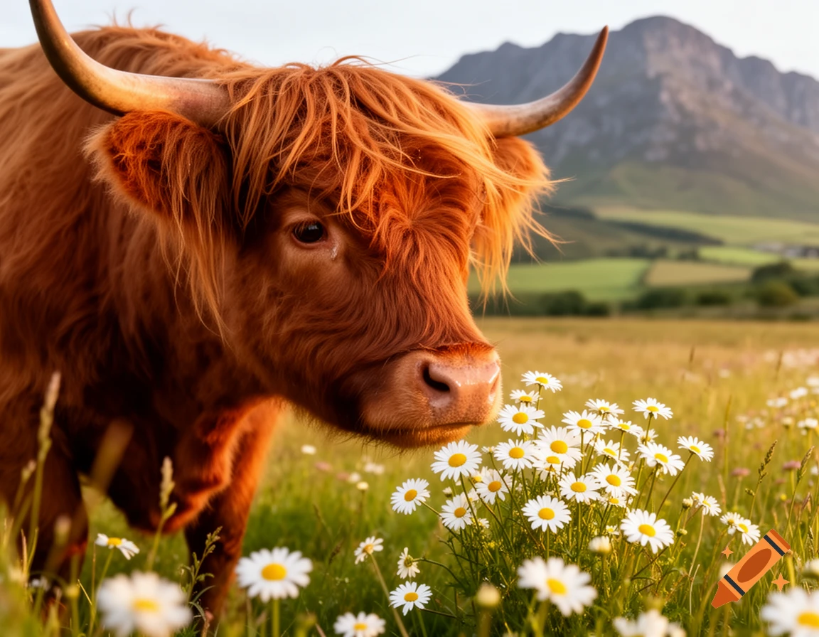 A shaggy brown Highland cow in a sunlit field of white daisies with a distant mountain.