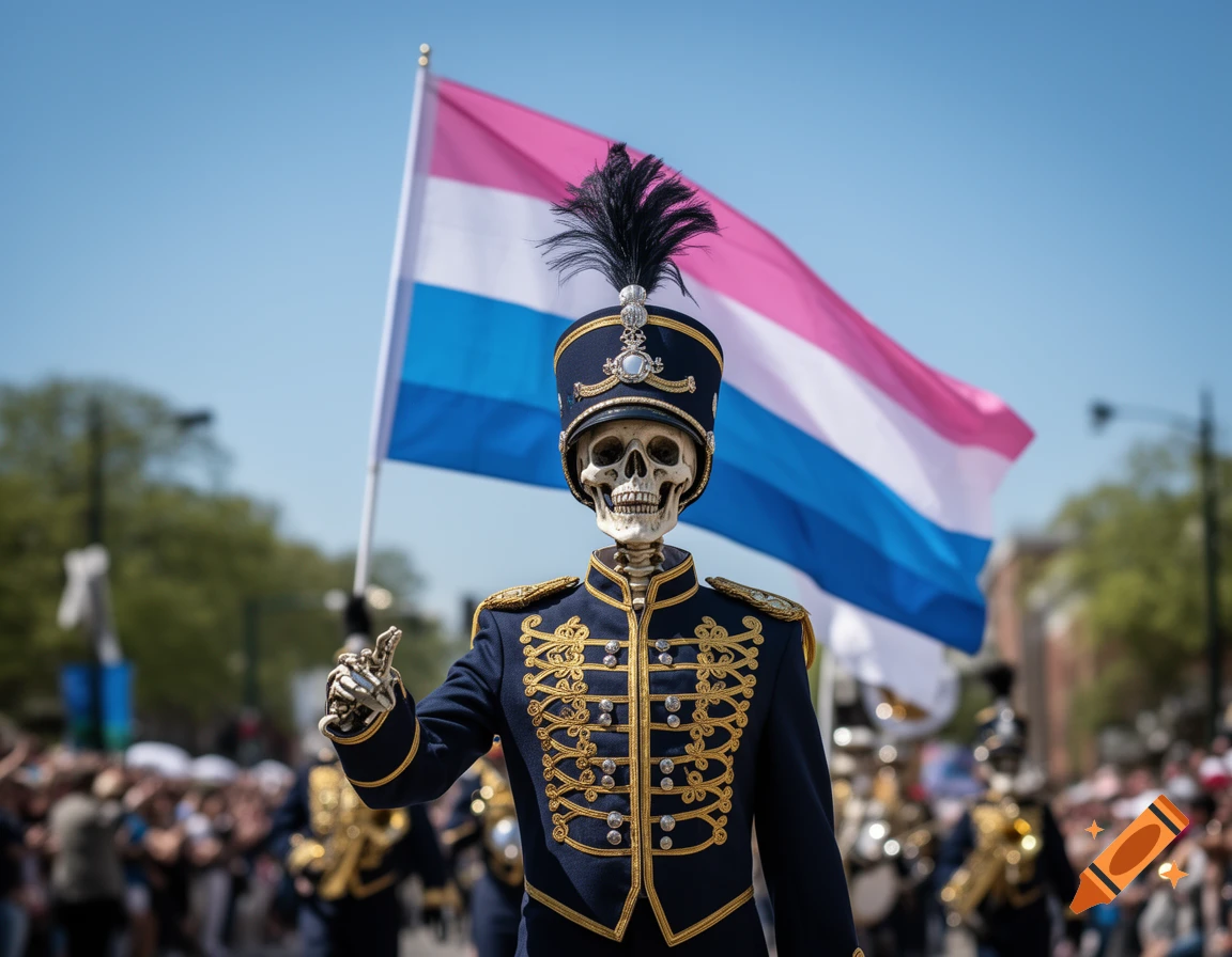 Photorealistic image of a skeleton marching band leader in a blue uniform, giving a thumbs up, with a transgender pride flag waving behind them at a parade.