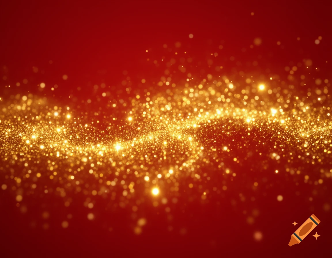 Shimmering golden sparkles create a wave across a deep red background with bokeh effects.
